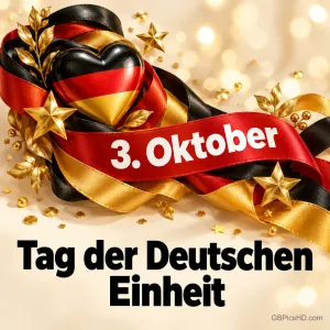Glänzendes Herz in Schwarz-Rot-Gold mit wehenden Bändern, goldenen Sternen und Konfetti, darauf "3. Oktober" und darunter "Tag der Deutschen Einheit".