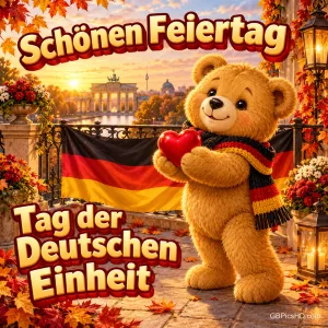 Ein Teddybär mit Schal in Schwarz-Rot-Gold hält ein rotes Herz auf einem herbstlichen Balkon mit Deutschlandfahne und Brandenburger Tor im Abendlicht, Gruß "Schönen Feiertag" zum "Tag der Deutschen Einheit".