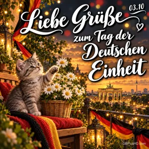 Ein getigertes Kätzchen greift auf einem Balkon nach Margeriten, im Hintergrund das beleuchtete Brandenburger Tor und Bänder in Schwarz-Rot-Gold, dazu "Liebe Grüße zum Tag der Deutschen Einheit".