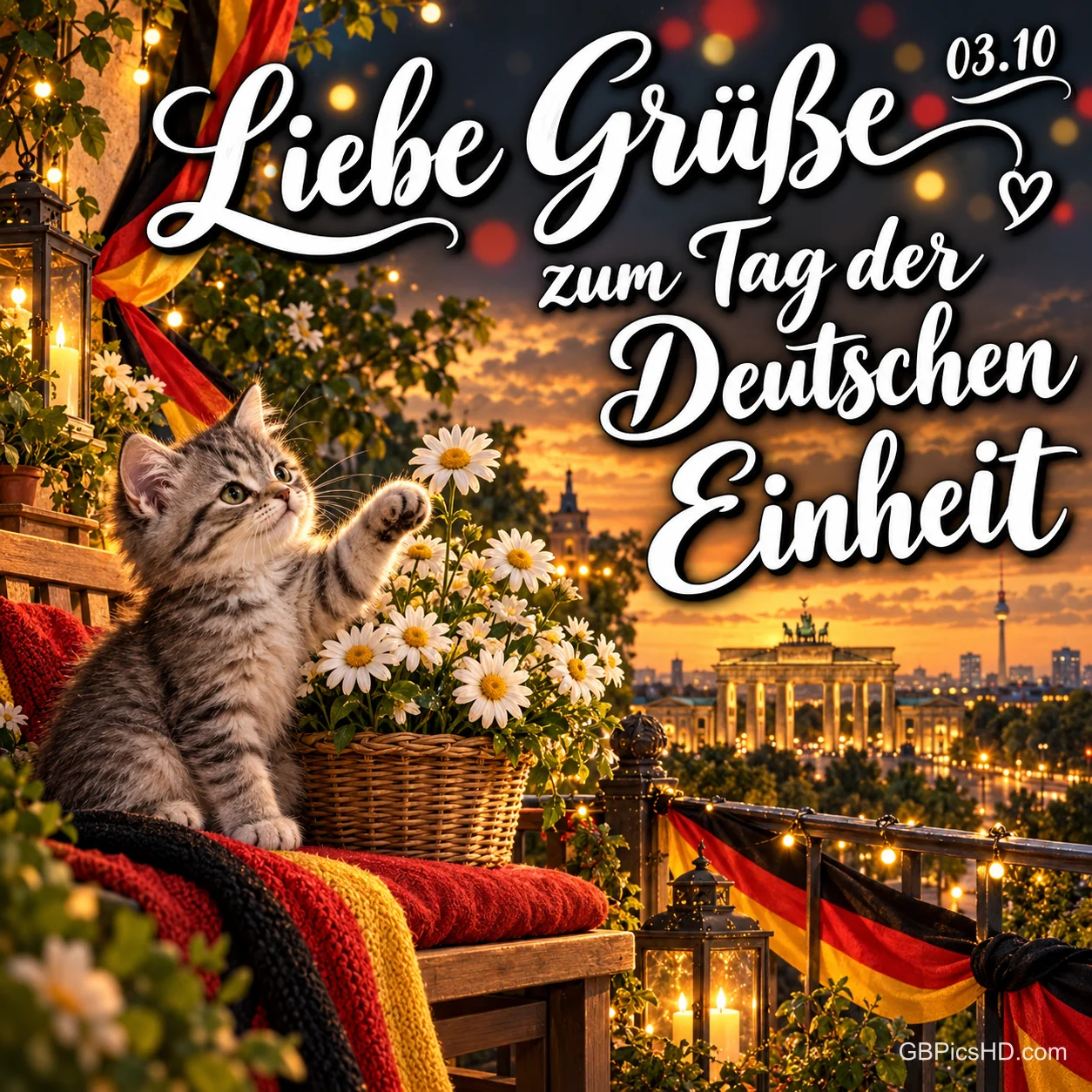 Ein getigertes Kätzchen greift auf einem Balkon nach Margeriten, im Hintergrund das beleuchtete Brandenburger Tor und Bänder in Schwarz-Rot-Gold, dazu "Liebe Grüße zum Tag der Deutschen Einheit".