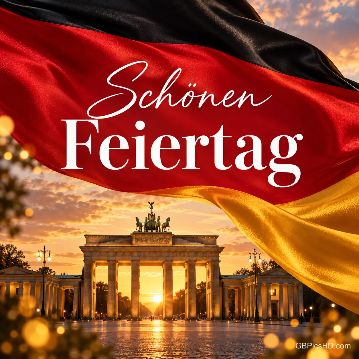 Eine wehende Deutschlandfahne aus Seide über dem Brandenburger Tor im goldenen Abendlicht mit dem Gruß "Schönen Feiertag".
