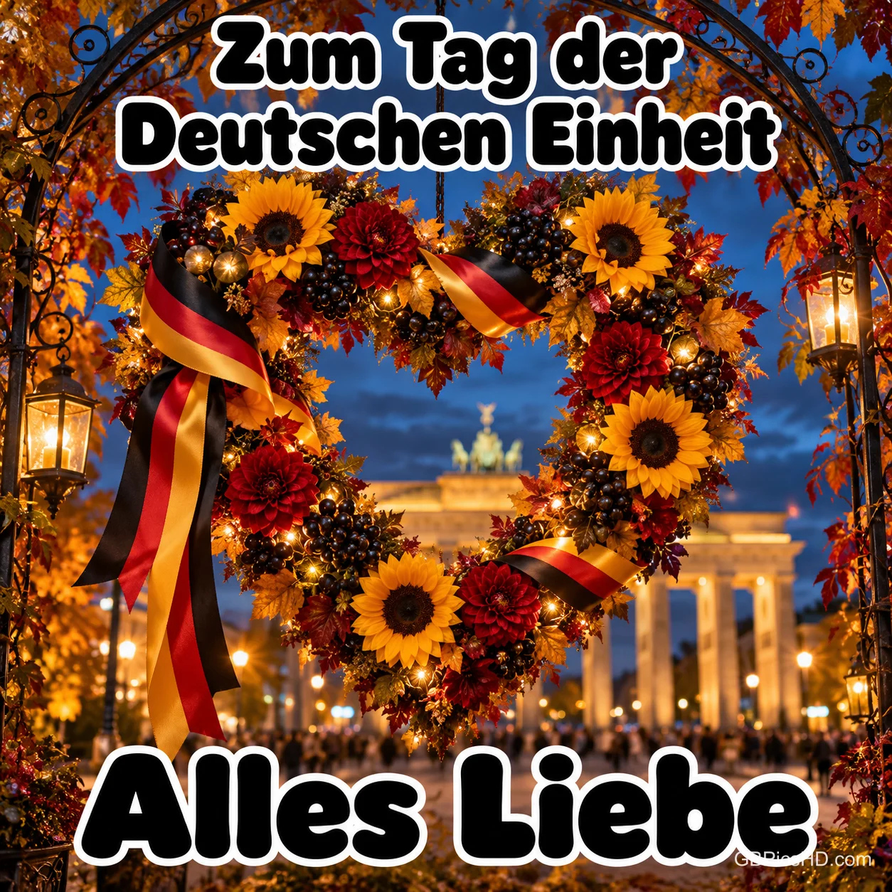 Ein Blumenherz mit schwarz-rot-goldenen Bändern hängt vor dem Brandenburger Tor unter "Zum Tag der Deutschen Einheit" und "Alles Liebe".