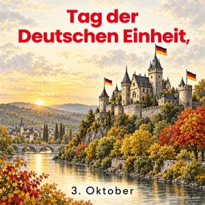 Ein Schloss mit Türmen und wehenden Deutschlandfahnen über einem Fluss in herbstlicher Landschaft bei Sonnenuntergang, Schrift "Tag der Deutschen Einheit, 3. Oktober".