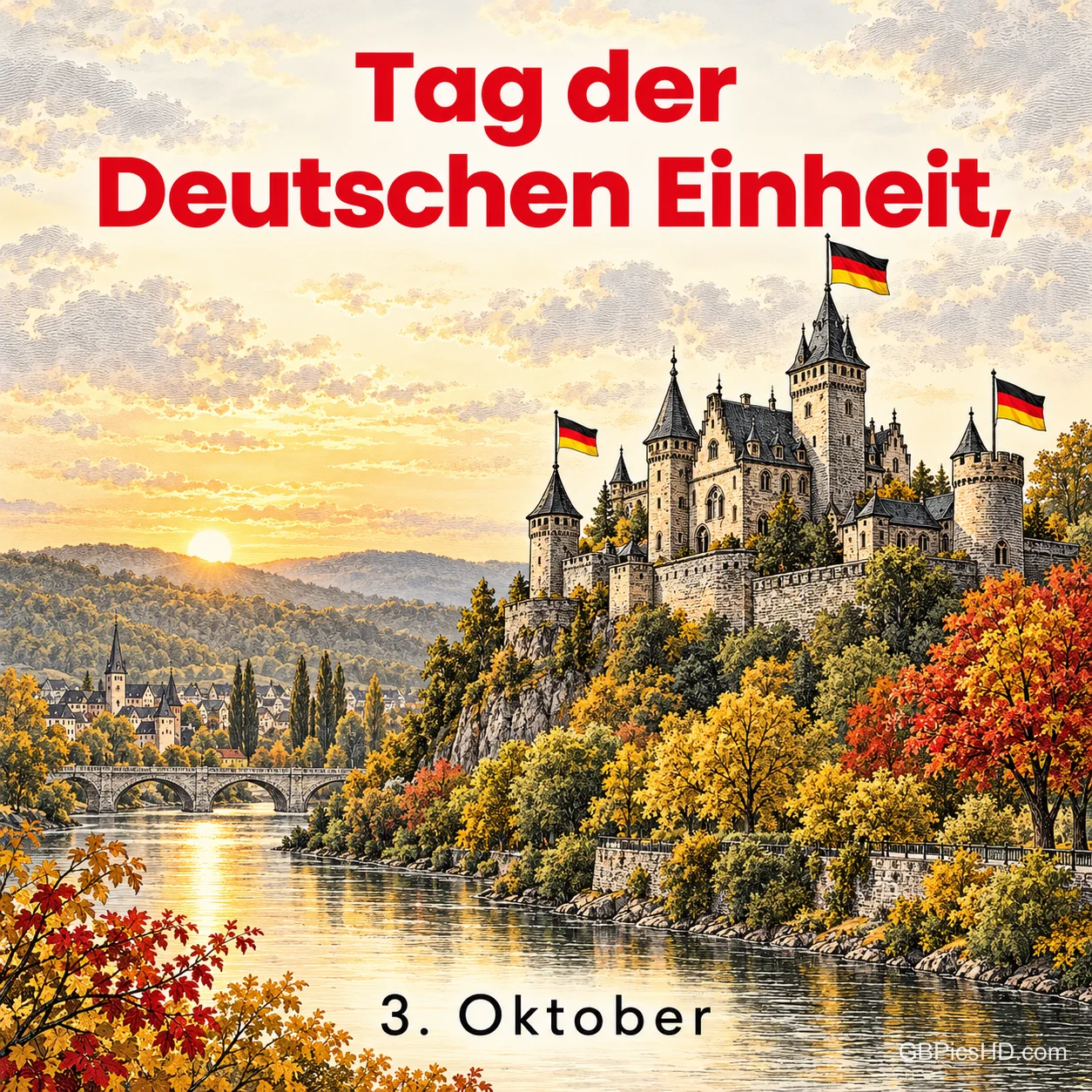 Ein Schloss mit Türmen und wehenden Deutschlandfahnen über einem Fluss in herbstlicher Landschaft bei Sonnenuntergang, Schrift "Tag der Deutschen Einheit, 3. Oktober".