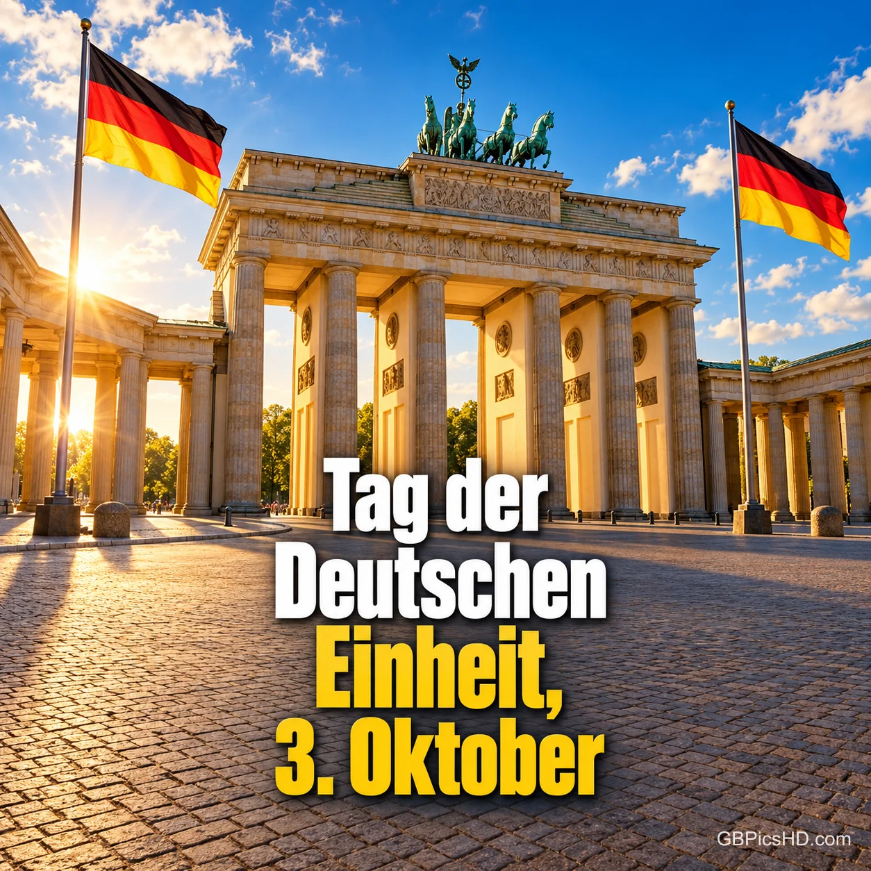 Das Brandenburger Tor in Berlin im Sonnenlicht mit zwei wehenden Deutschlandfahnen und dem Text "Tag der Deutschen Einheit, 3. Oktober".