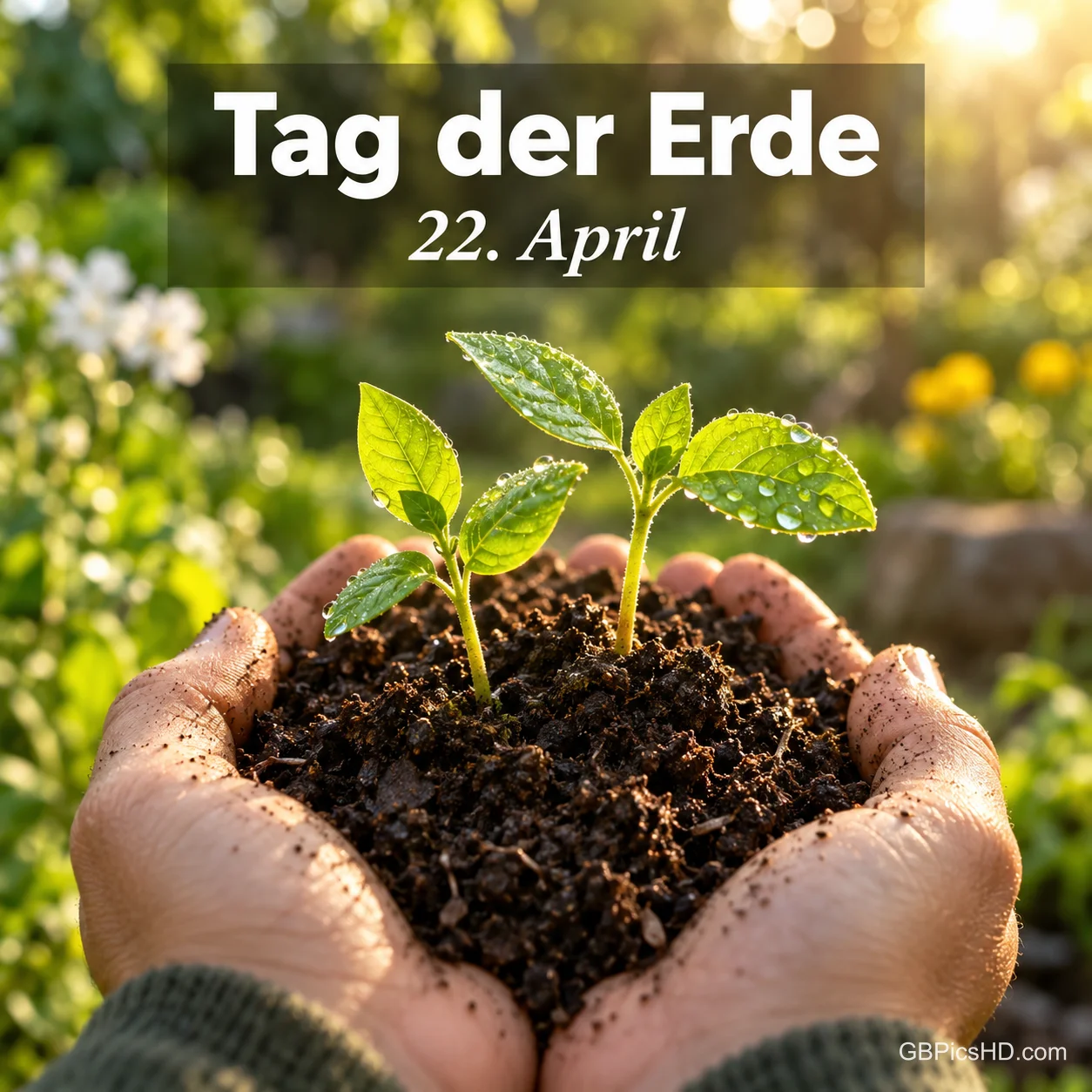 Zwei Hände halten fruchtbare Erde mit einem jungen Setzling im Sonnenlicht, darüber "Tag der Erde" und "22. April". Zwei Hände halten fruchtbare Erde mit einem jungen Setzling im Sonnenlicht, darüber "Tag der Erde" und "22. April".