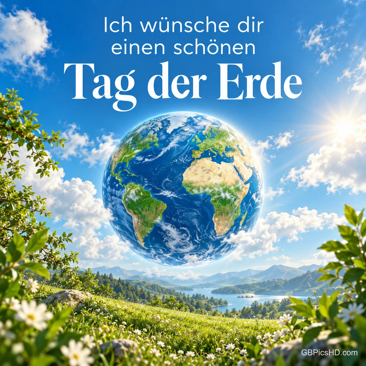 Die Erdkugel schwebt über einer blühenden Frühlingswiese mit See und Bergen unter blauem Himmel, Gruß "Ich wünsche dir einen schönen Tag der Erde". Die Erdkugel schwebt über einer blühenden Frühlingswiese mit See und Bergen unter blauem Himmel, Gruß "Ich wünsche dir einen schönen Tag der Erde".