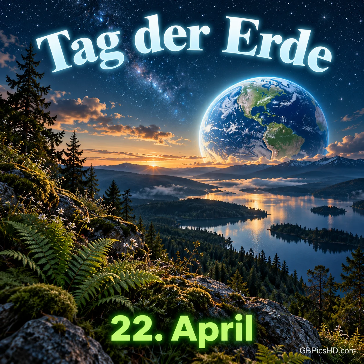 Die Erde leuchtet über einer nächtlichen Seenlandschaft mit Wäldern und Sternenhimmel, darüber "Tag der Erde" und unten "22. April". Die Erde leuchtet über einer nächtlichen Seenlandschaft mit Wäldern und Sternenhimmel, darüber "Tag der Erde" und unten "22. April".