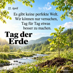 Ein frisch gepflanzter junger Baum an einem Bach in sonniger Hügellandschaft mit dem Spruch "Es gibt keine perfekte Welt. Wir können nur versuchen, Tag für Tag etwas besser zu machen." zum "Tag der Erde".