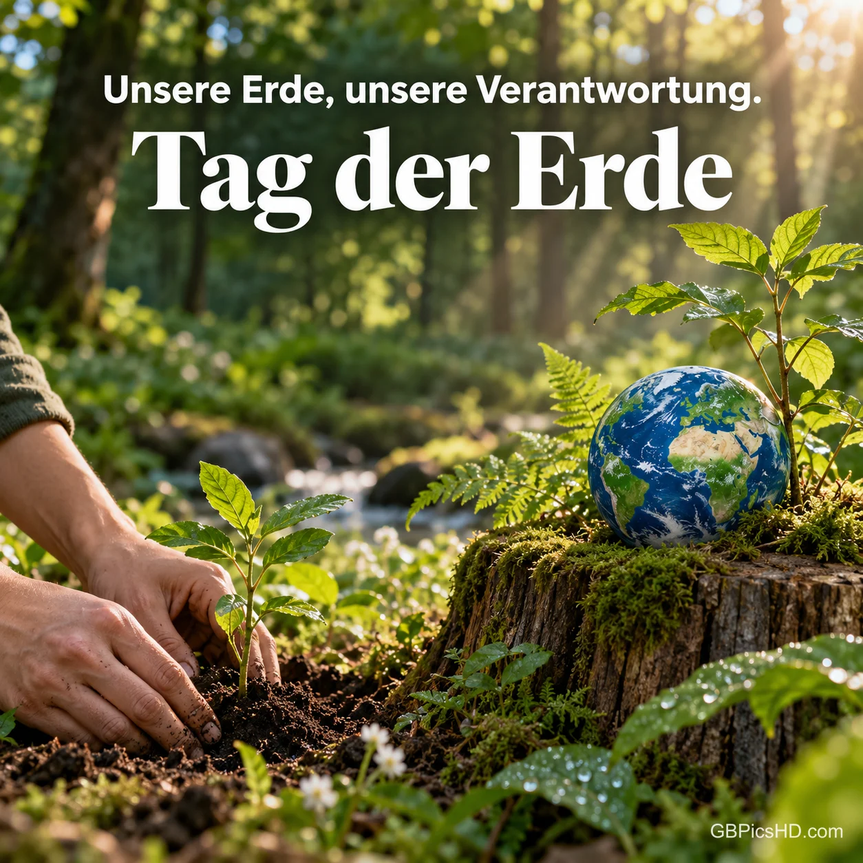 Hände pflanzen einen Setzling im sonnigen Wald neben einer kleinen Erdkugel auf einem Baumstumpf, darüber "Unsere Erde, unsere Verantwortung." und "Tag der Erde". Hände pflanzen einen Setzling im sonnigen Wald neben einer kleinen Erdkugel auf einem Baumstumpf, darüber "Unsere Erde, unsere Verantwortung." und "Tag der Erde".