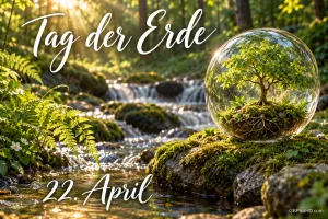 Ein Baum in einer gläsernen Kugel auf einem bemoosten Stein an einem Waldbach, in Schreibschrift "Tag der Erde" und "22. April".
