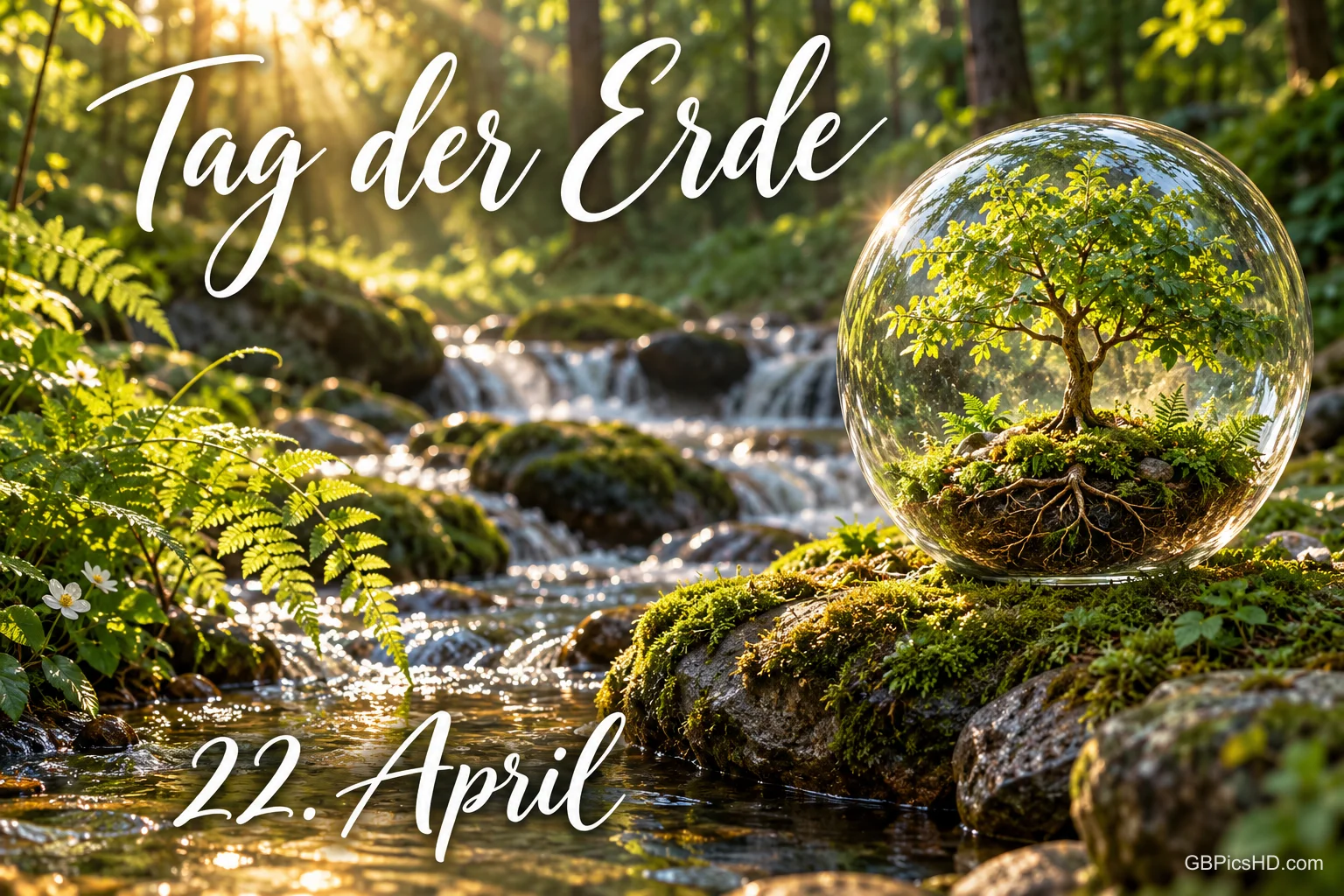 Ein Baum in einer gläsernen Kugel auf einem bemoosten Stein an einem Waldbach, in Schreibschrift "Tag der Erde" und "22. April". Ein Baum in einer gläsernen Kugel auf einem bemoosten Stein an einem Waldbach, in Schreibschrift "Tag der Erde" und "22. April".