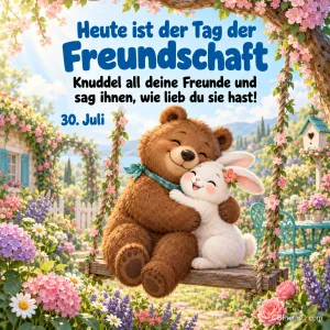 Ein Teddybär umarmt einen weißen Hasen auf einer Gartenschaukel zwischen Blumen, dazu "Heute ist der Tag der Freundschaft" und "Knuddel all deine Freunde und sag ihnen, wie lieb du sie hast!".