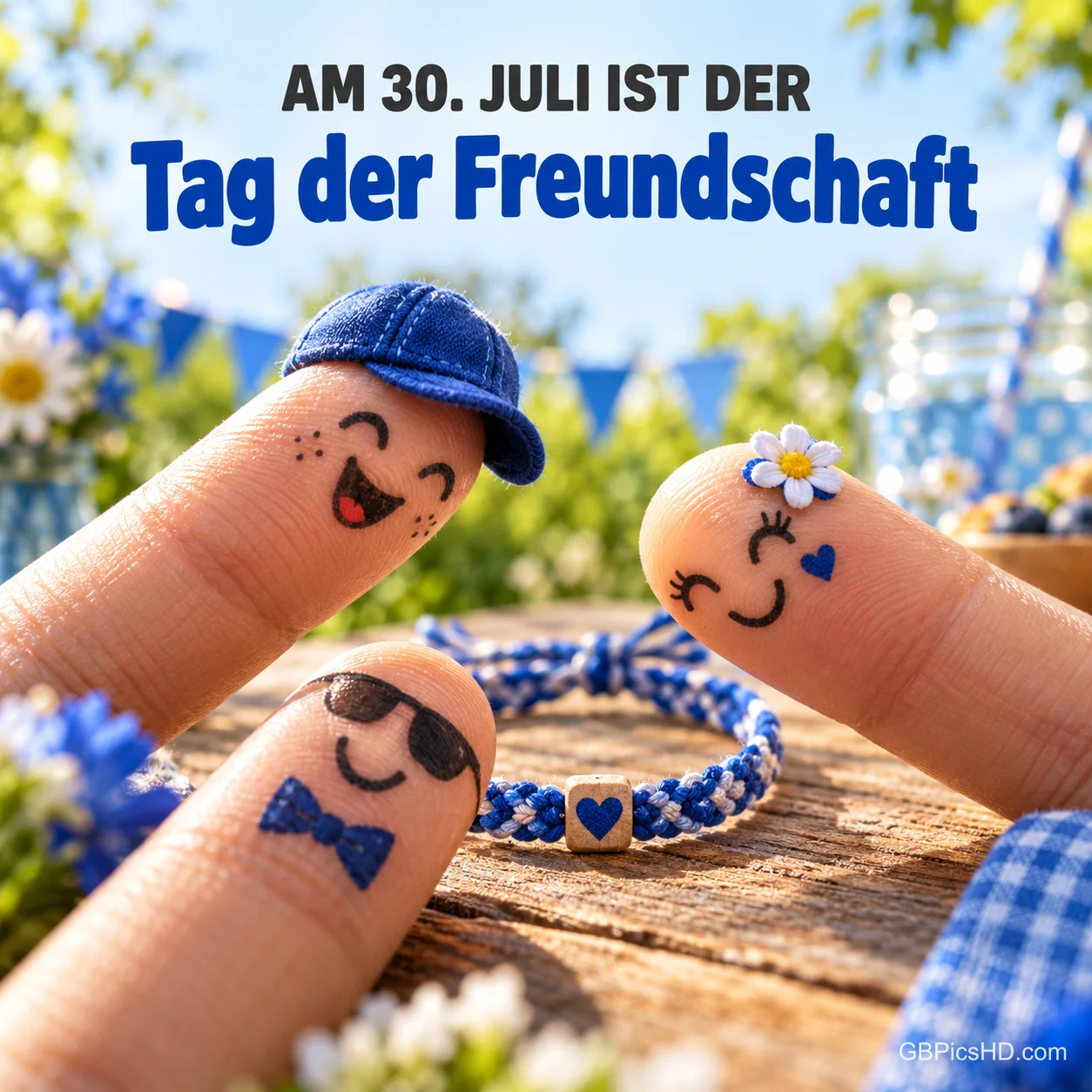 Drei bemalte Finger mit lachenden Gesichtern, Mütze, Sonnenbrille und Fliege neben einem Freundschaftsarmband auf einem sonnigen Tisch, Schrift "Am 30. Juli ist der Tag der Freundschaft". Drei bemalte Finger mit lachenden Gesichtern, Mütze, Sonnenbrille und Fliege neben einem Freundschaftsarmband auf einem sonnigen Tisch, Schrift "Am 30. Juli ist der Tag der Freundschaft".