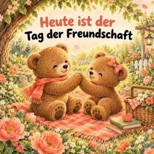 Zwei Teddybären halten sich bei einem Picknick im blühenden Garten an den Händen, darüber "Heute ist der Tag der Freundschaft".