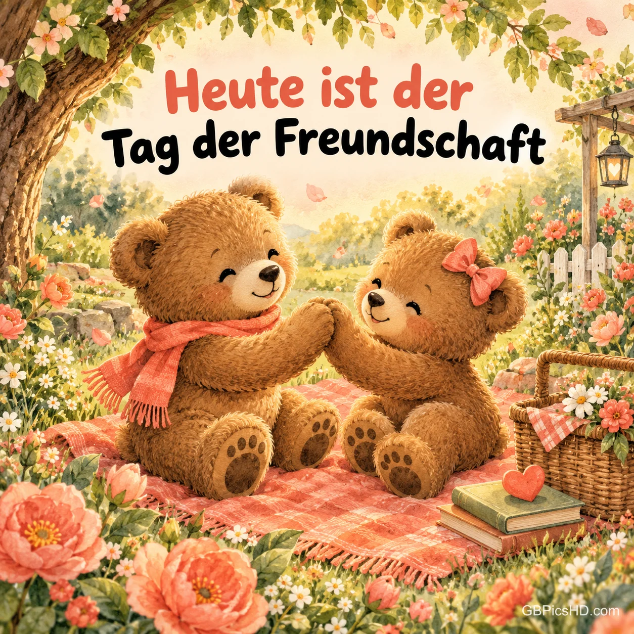 Zwei Teddybären halten sich bei einem Picknick im blühenden Garten an den Händen, darüber "Heute ist der Tag der Freundschaft". Zwei Teddybären halten sich bei einem Picknick im blühenden Garten an den Händen, darüber "Heute ist der Tag der Freundschaft".