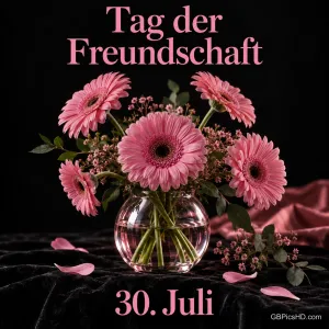 Ein Strauß rosa Gerbera in einer Glasvase vor dunklem Hintergrund mit Blütenblättern, Schrift "Tag der Freundschaft" und "30. Juli".