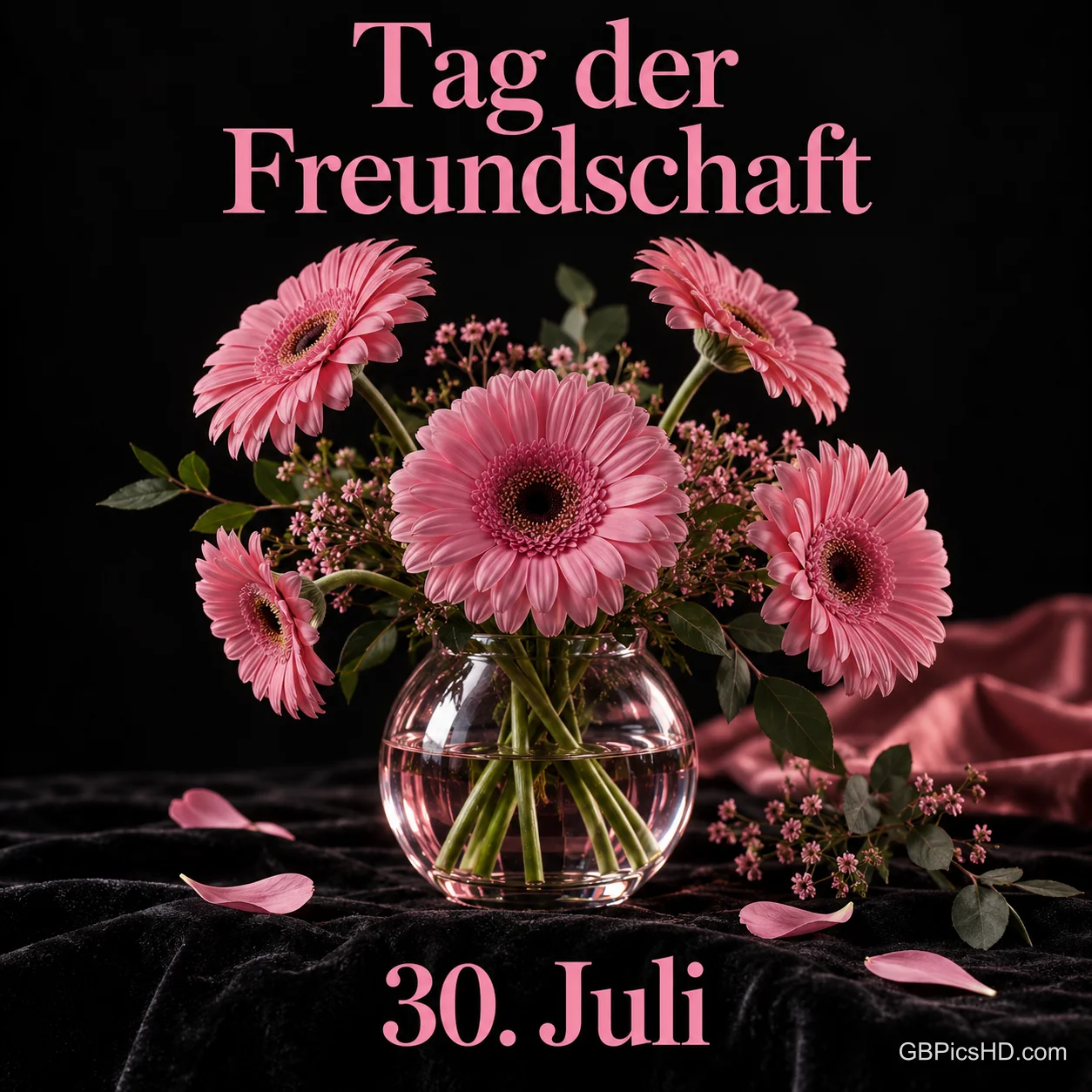 Ein Strauß rosa Gerbera in einer Glasvase vor dunklem Hintergrund mit Blütenblättern, Schrift "Tag der Freundschaft" und "30. Juli". Ein Strauß rosa Gerbera in einer Glasvase vor dunklem Hintergrund mit Blütenblättern, Schrift "Tag der Freundschaft" und "30. Juli".