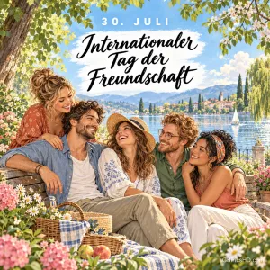 Gemalte Szene einer fröhlichen Freundesgruppe auf einer Bank mit Picknickkorb an einem sonnigen See, darüber "Internationaler Tag der Freundschaft".