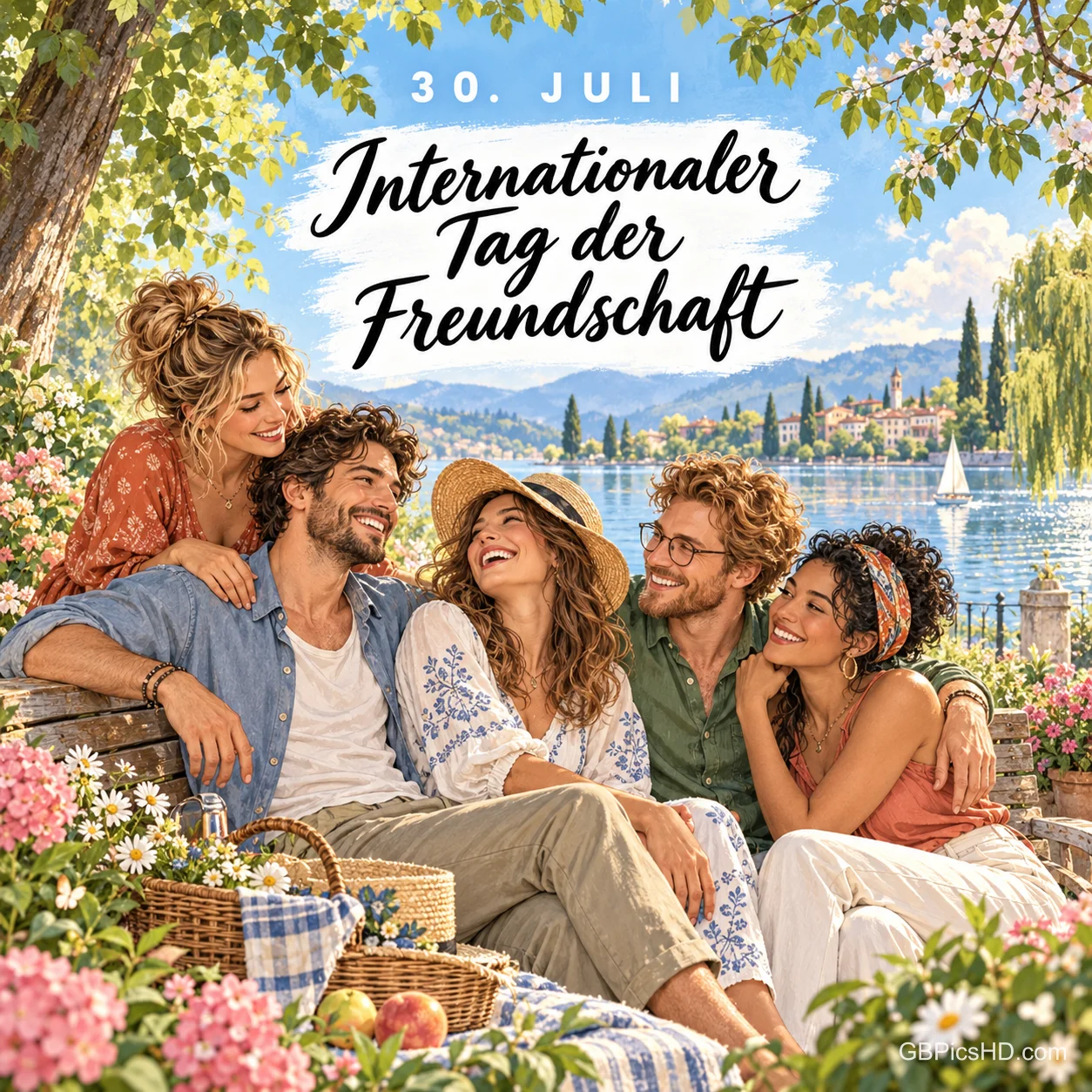 Gemalte Szene einer fröhlichen Freundesgruppe auf einer Bank mit Picknickkorb an einem sonnigen See, darüber "Internationaler Tag der Freundschaft". Gemalte Szene einer fröhlichen Freundesgruppe auf einer Bank mit Picknickkorb an einem sonnigen See, darüber "Internationaler Tag der Freundschaft".
