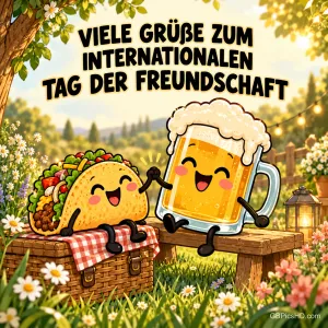 Ein lachender Taco und ein Bierkrug mit Gesichtern klatschen sich auf einer Gartenbank ab, darüber "Viele Grüße zum internationalen Tag der Freundschaft".