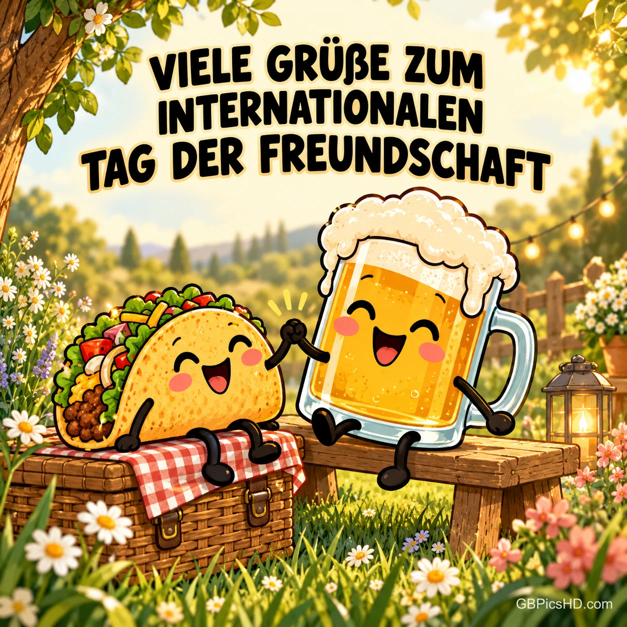 Ein lachender Taco und ein Bierkrug mit Gesichtern klatschen sich auf einer Gartenbank ab, darüber "Viele Grüße zum internationalen Tag der Freundschaft". Ein lachender Taco und ein Bierkrug mit Gesichtern klatschen sich auf einer Gartenbank ab, darüber "Viele Grüße zum internationalen Tag der Freundschaft".