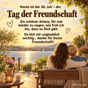 Zwei Freundinnen sitzen Arm in Arm auf einer Bank am See, darüber der Text "Heute ist der 30. Juli – der Tag der Freundschaft".