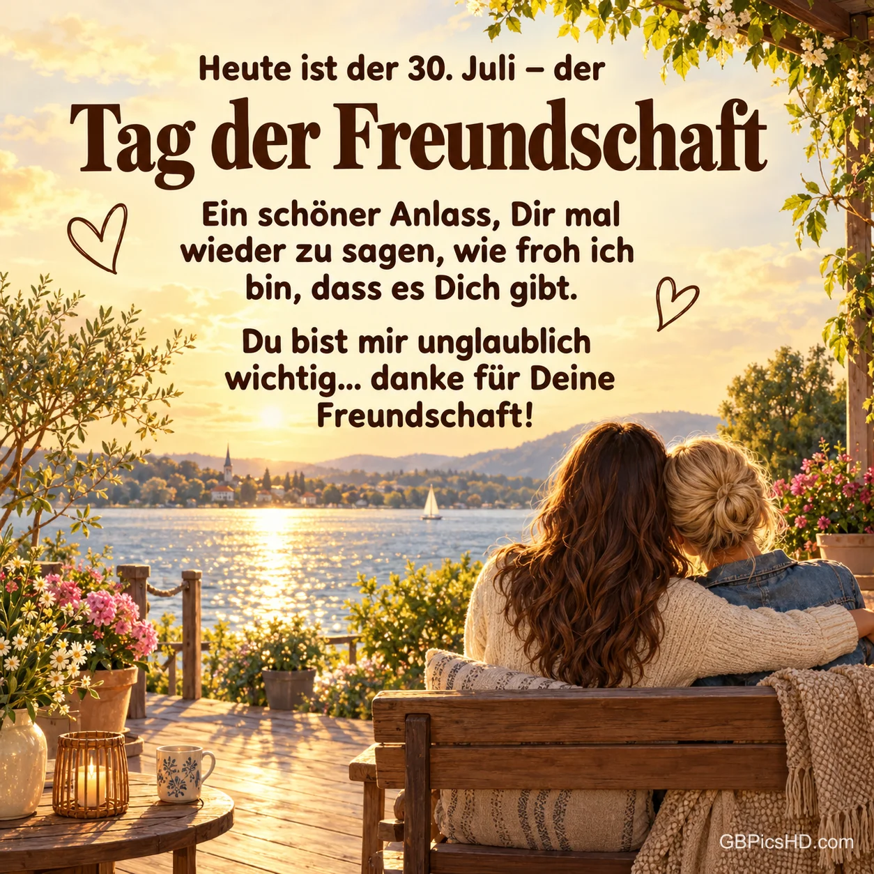 Zwei Freundinnen sitzen Arm in Arm auf einer Bank am See, darüber der Text "Heute ist der 30. Juli – der Tag der Freundschaft". Zwei Freundinnen sitzen Arm in Arm auf einer Bank am See, darüber der Text "Heute ist der 30. Juli – der Tag der Freundschaft".