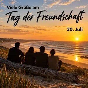 Vier Freunde sitzen bei Sonnenuntergang am Strand auf einem Baumstamm, dazu der Text "Viele Grüße am Tag der Freundschaft, 30. Juli".