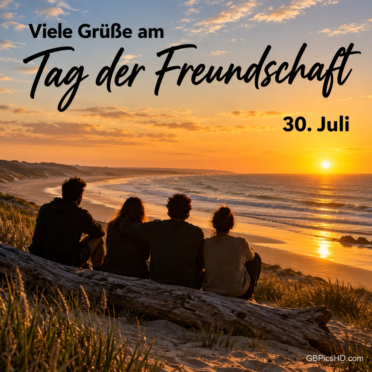 Vier Freunde sitzen bei Sonnenuntergang am Strand auf einem Baumstamm, dazu der Text "Viele Grüße am Tag der Freundschaft, 30. Juli". Vier Freunde sitzen bei Sonnenuntergang am Strand auf einem Baumstamm, dazu der Text "Viele Grüße am Tag der Freundschaft, 30. Juli".