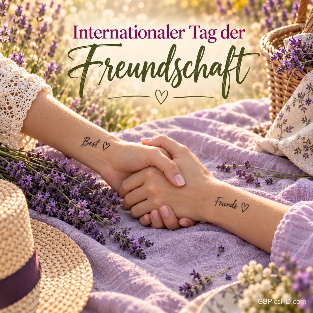 Zwei Hände mit den Schriftzügen "Best" und "Friends" halten sich auf einer Lavendeldecke, darüber "Internationaler Tag der Freundschaft". Zwei Hände mit den Schriftzügen "Best" und "Friends" halten sich auf einer Lavendeldecke, darüber "Internationaler Tag der Freundschaft".