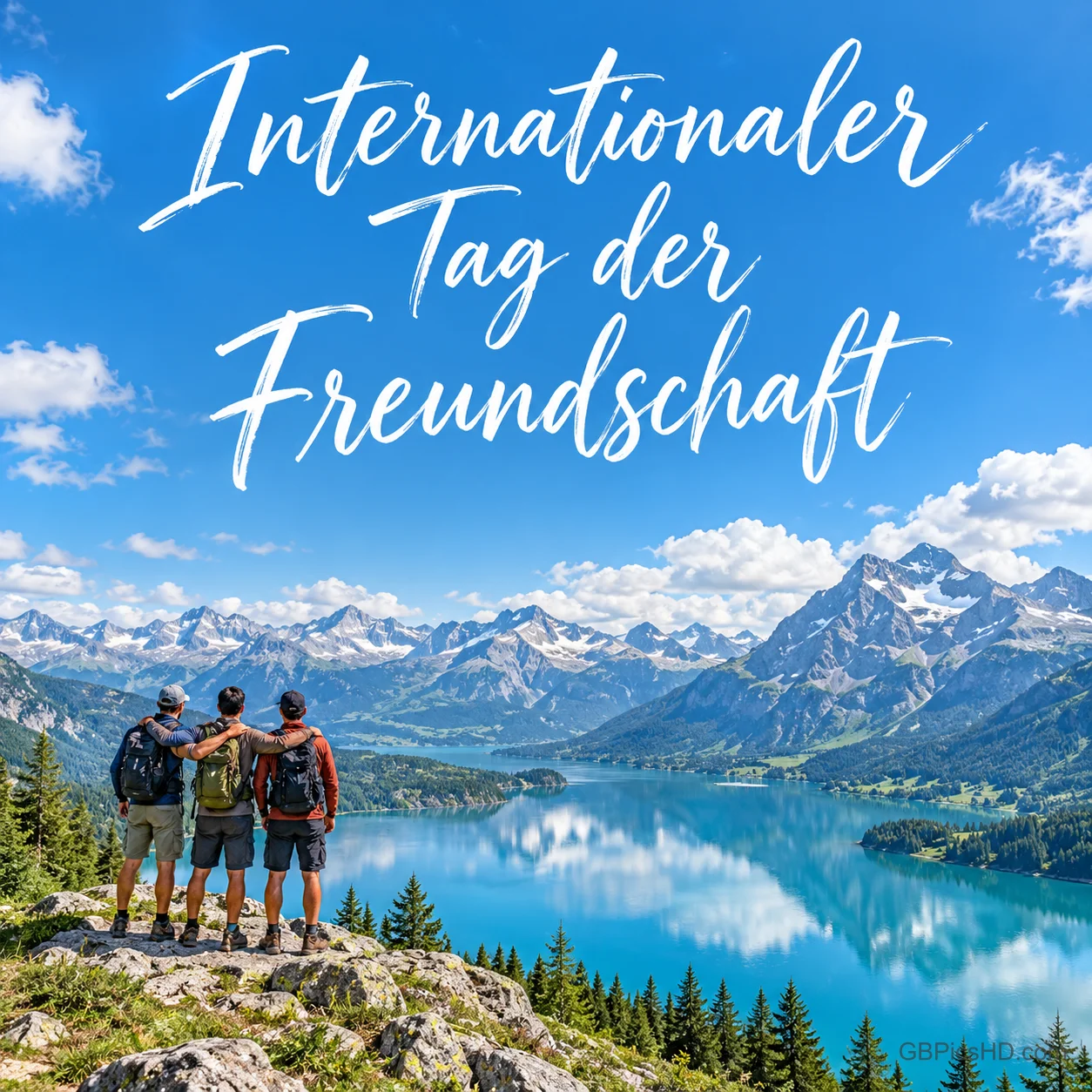 Drei Wanderer stehen Arm in Arm vor einem Bergsee in den Alpen, darüber der Schriftzug "Internationaler Tag der Freundschaft". Drei Wanderer stehen Arm in Arm vor einem Bergsee in den Alpen, darüber der Schriftzug "Internationaler Tag der Freundschaft".
