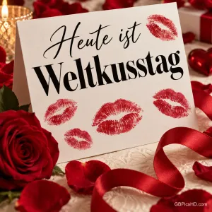 Eine weiße Karte mit roten Lippenstiftküssen zwischen roten Rosen, Satinband und Kerzenlicht, Schrift "Heute ist Weltkusstag".