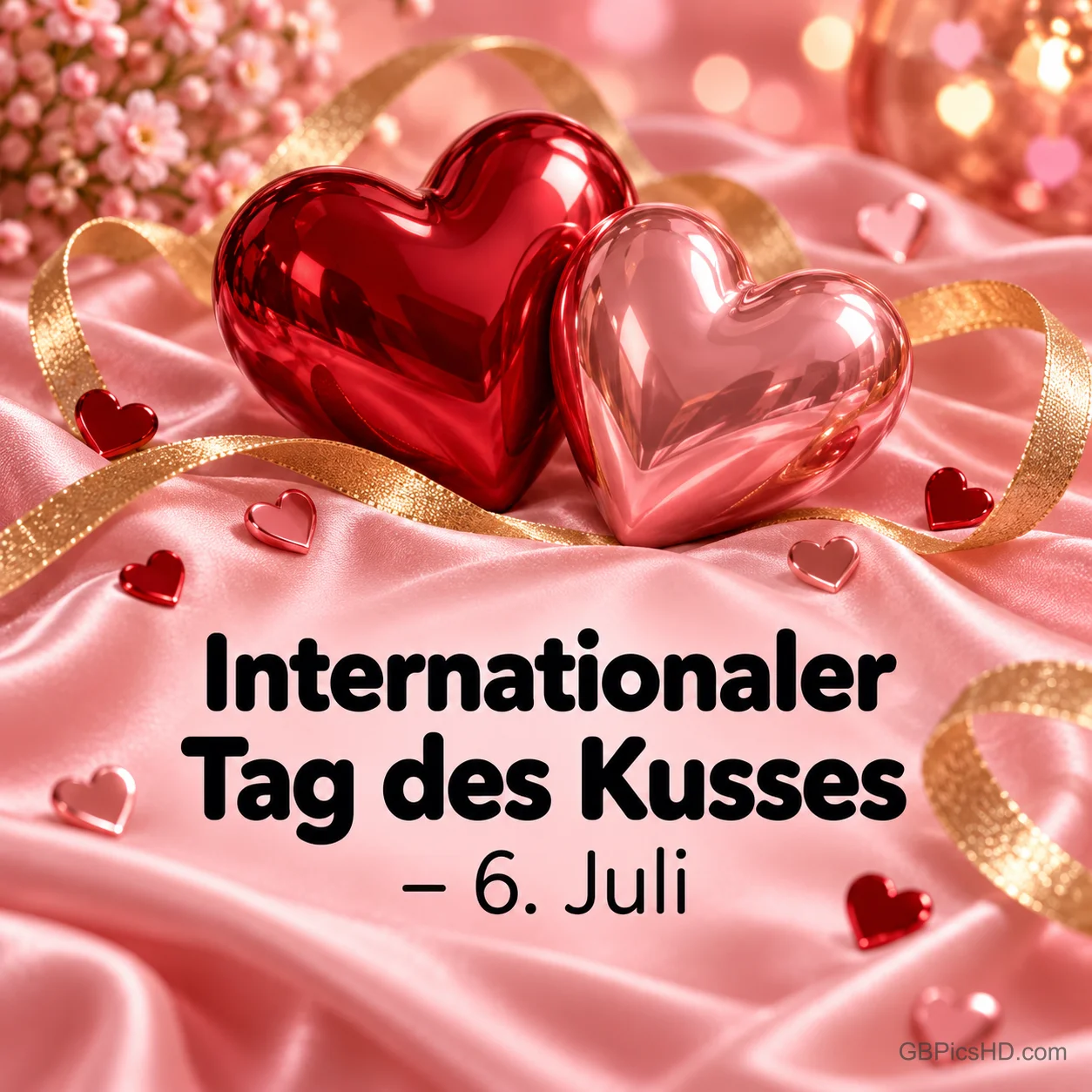 Zwei glänzende Herzen in Rot und Rosa auf rosa Satin mit goldenen Bändern, Schrift "Internationaler Tag des Kusses – 6. Juli". Zwei glänzende Herzen in Rot und Rosa auf rosa Satin mit goldenen Bändern, Schrift "Internationaler Tag des Kusses – 6. Juli".
