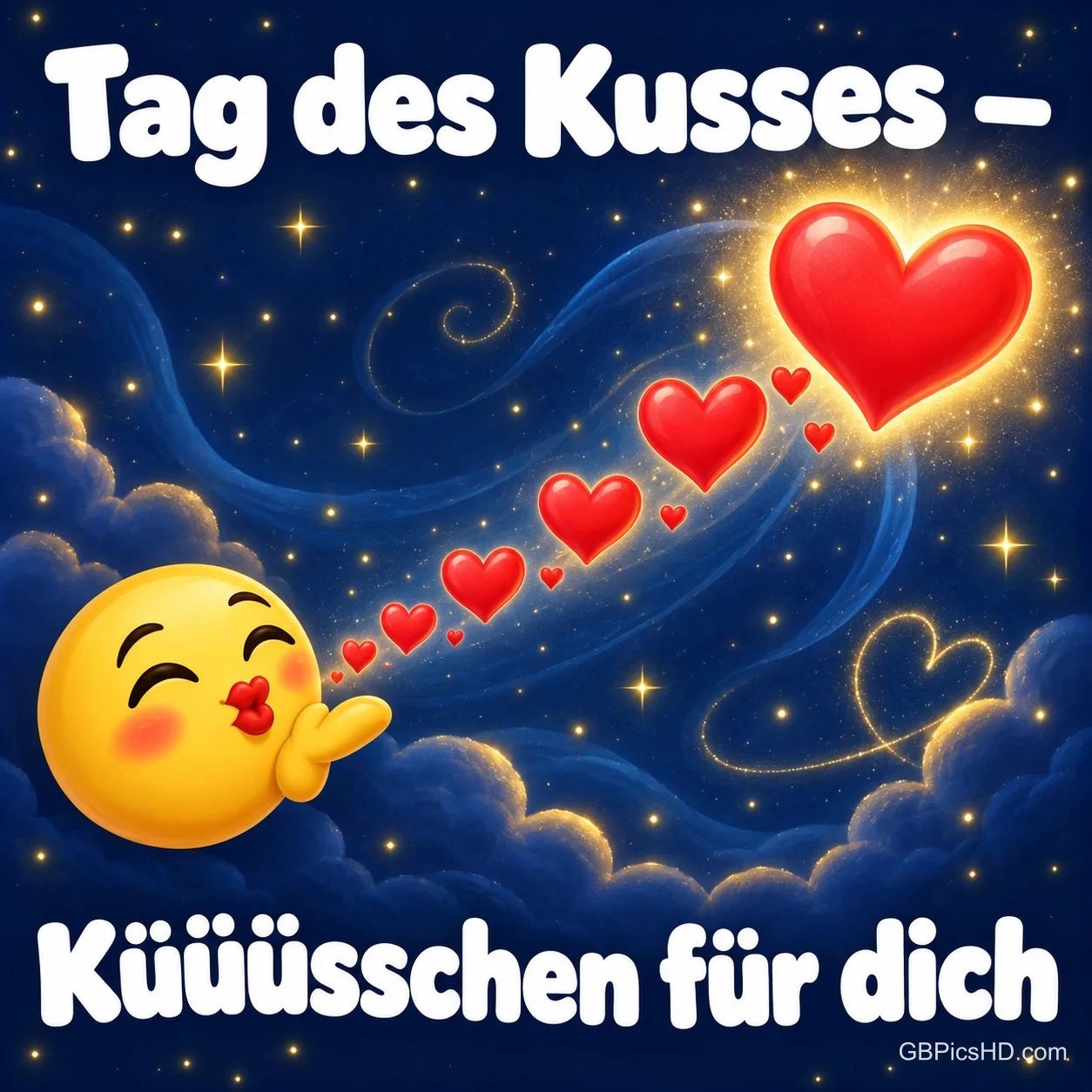 Ein Kuss-Emoji pustet eine Spur roter Herzen in einen blauen Sternenhimmel, dazu "Tag des Kusses –" und "Küüüsschen für dich". Ein Kuss-Emoji pustet eine Spur roter Herzen in einen blauen Sternenhimmel, dazu "Tag des Kusses –" und "Küüüsschen für dich".