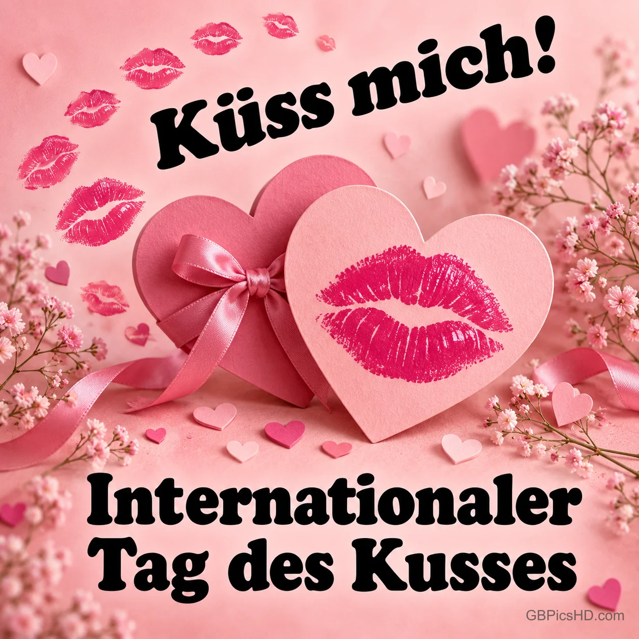 Ein rosa Herz mit pinkem Kussabdruck zwischen Schleifen, Schleierkraut und kleinen Kussmündern, Schrift "Küss mich!" und "Internationaler Tag des Kusses". Ein rosa Herz mit pinkem Kussabdruck zwischen Schleifen, Schleierkraut und kleinen Kussmündern, Schrift "Küss mich!" und "Internationaler Tag des Kusses".