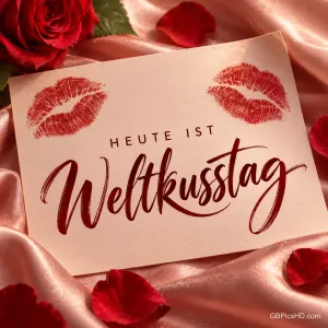 Eine Karte mit zwei roten Kussabdrücken auf rosa Satin zwischen Rosenblättern, darauf "Heute ist Weltkusstag" in eleganter Schreibschrift.