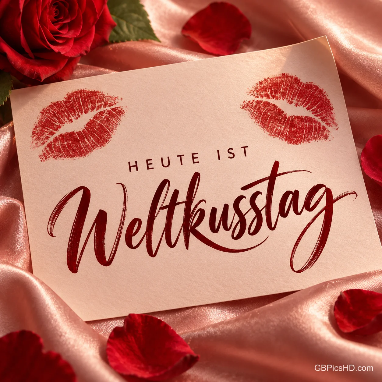Eine Karte mit zwei roten Kussabdrücken auf rosa Satin zwischen Rosenblättern, darauf "Heute ist Weltkusstag" in eleganter Schreibschrift. Eine Karte mit zwei roten Kussabdrücken auf rosa Satin zwischen Rosenblättern, darauf "Heute ist Weltkusstag" in eleganter Schreibschrift.