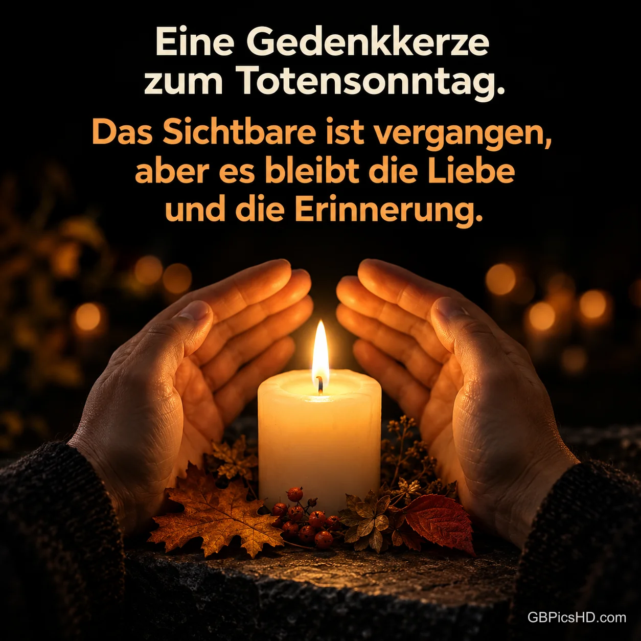 Zwei Hände umschließen schützend eine brennende Stumpenkerze, umgeben von Herbstlaub und Beeren im warmen Kerzenschein, mit tröstlichem Spruch zum Totensonntag Zwei Hände umschließen schützend eine brennende Stumpenkerze, umgeben von Herbstlaub und Beeren im warmen Kerzenschein, mit tröstlichem Spruch zum Totensonntag