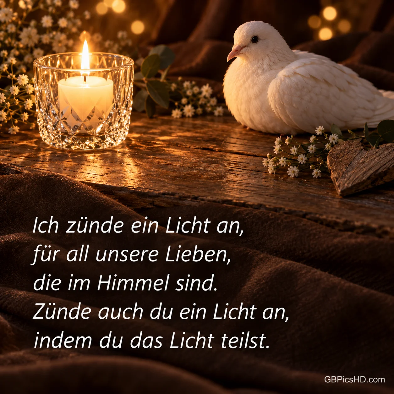 Eine Kerze in einem geschliffenen Kristallglas auf einem Holztisch, daneben eine weiße Taube und kleine weiße Blüten im warmen Licht Eine Kerze in einem geschliffenen Kristallglas auf einem Holztisch, daneben eine weiße Taube und kleine weiße Blüten im warmen Licht