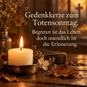 Brennende Kerze in einer Messingschale neben einem alten Buch, getrockneten Blumen und Herbstlaub, im Hintergrund ein Fenster mit Kreuz