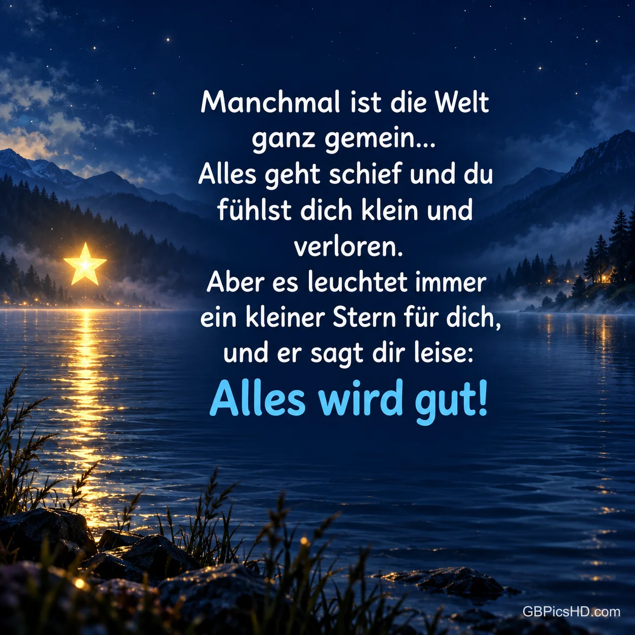 Ein leuchtender Stern spiegelt sich in einem nächtlichen Bergsee, dazu der tröstende Text, der mit "Alles wird gut!" endet.