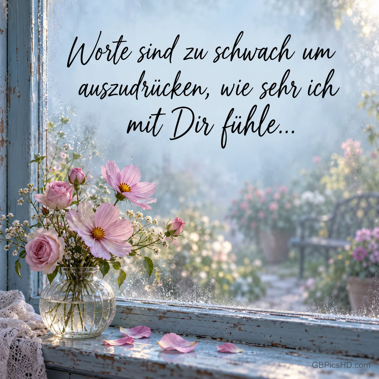 Rosa Blumen in einer Glasvase am regennassen Fenster, darüber in Schreibschrift "Worte sind zu schwach um auszudrücken, wie sehr ich mit Dir fühle…".