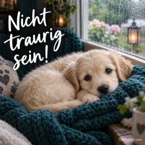Ein Golden-Retriever-Welpe liegt eingekuschelt in einer grünen Strickdecke am verregneten Fenster, Schrift "Nicht traurig sein!".