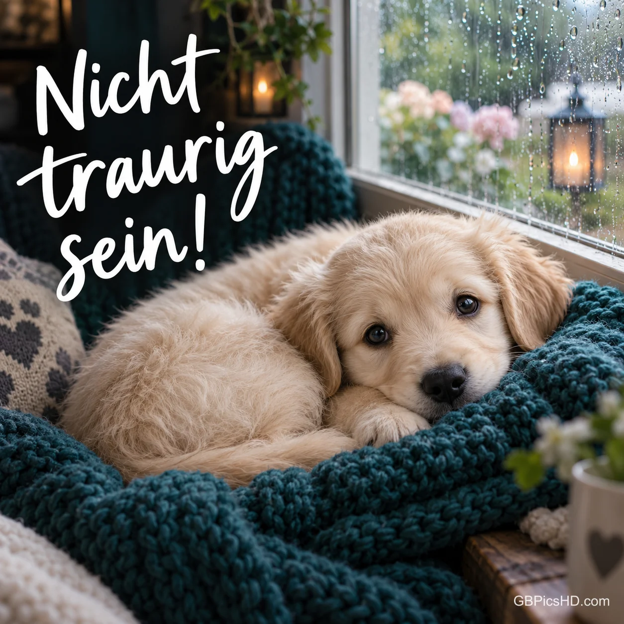 Ein Golden-Retriever-Welpe liegt eingekuschelt in einer grünen Strickdecke am verregneten Fenster, Schrift "Nicht traurig sein!".