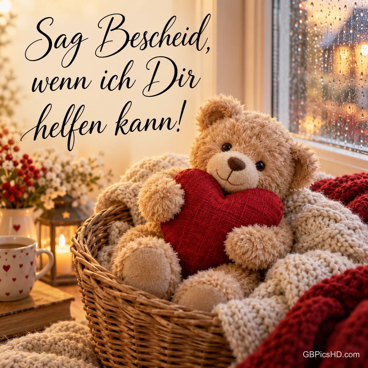 Ein Teddybär mit rotem Herz sitzt in einem Korb mit Strickdecke bei Kerzenlicht, dazu "Sag Bescheid, wenn ich Dir helfen kann!".