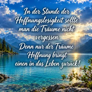Klarer Bergsee mit Sonnenstrahlen durch die Wolken und blühendem Zweig, darüber der Spruch "In der Stunde der Hoffnungslosigkeit sollte man die Träume nicht vergessen."
