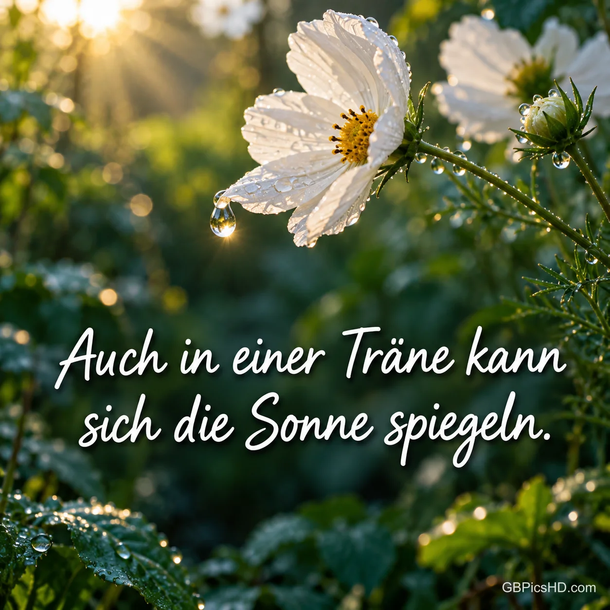 Eine weiße Blüte mit Wassertropfen im Morgenlicht, dazu "Auch in einer Träne kann sich die Sonne spiegeln."