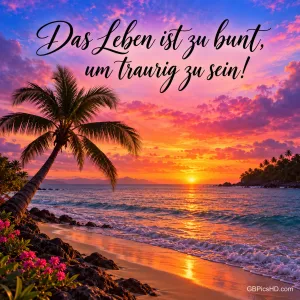 Eine Palme an einem Strand bei farbenprächtigem Sonnenuntergang, Schrift "Das Leben ist zu bunt, um traurig zu sein!".
