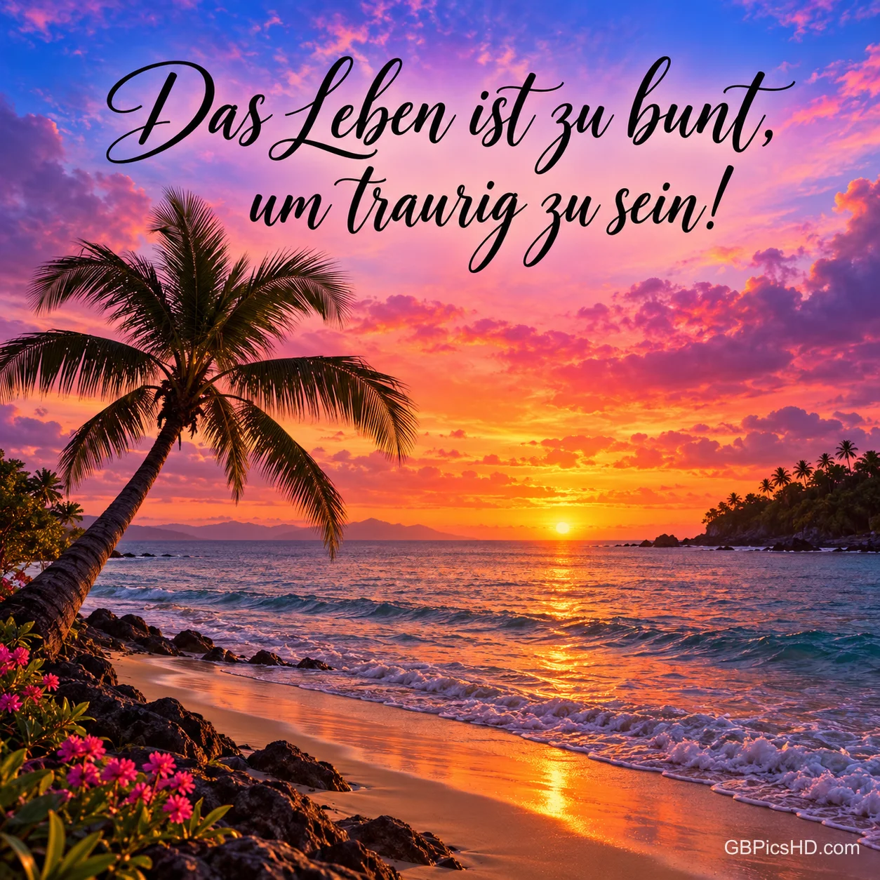 Eine Palme an einem Strand bei farbenprächtigem Sonnenuntergang, Schrift "Das Leben ist zu bunt, um traurig zu sein!".